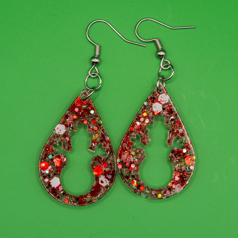 Red and White Glitter 1” Snowmen Teardrop Earrings